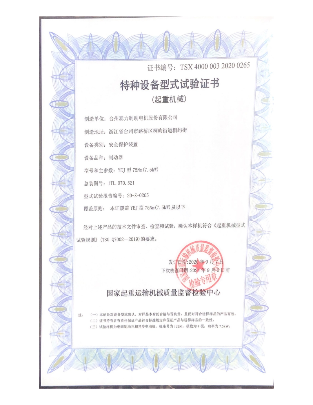 Special equipment type certificate-motor